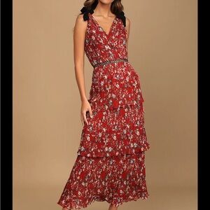 Lulu’s Such Sophistication Rust Red Floral Print Pleated Maxi Dress